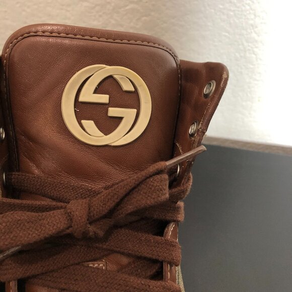 Gucci 224778 GG Imprime High Top Authentic Brown Crocodile Trim Canvas Men’s 8.5 - Picture 6 of 13